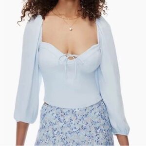 Wilfred Light Blue Sweetheart Tie-Front Novella Puff Sleeve Blouse
